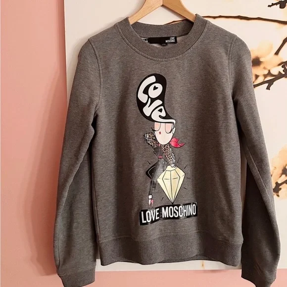 LOVE MOSCHINO LADY DIAMOND GREY CREW NECK SOFT SWEATSHIRT PERFECT CONDITION - Picture 1 of 7